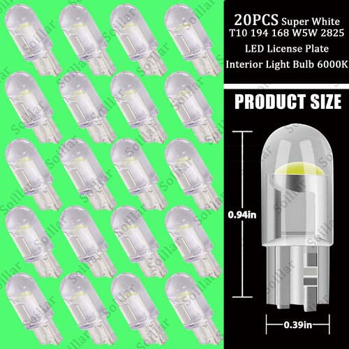 20x Super White T10 168 W5W 2825 LED License Plate Interior Light Bulb 6000K