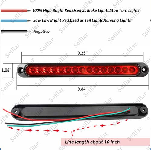Red 2X 10" LED Truck Trailer Strip 3rd Brake Lights Rear Turn Tail Light Bar USA