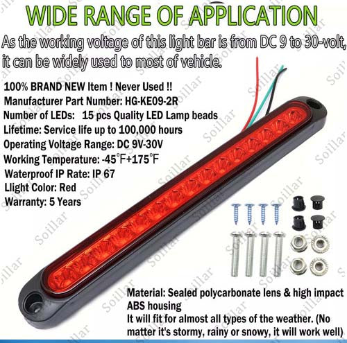 Red 2X 10" LED Truck Trailer Strip 3rd Brake Lights Rear Turn Tail Light Bar USA