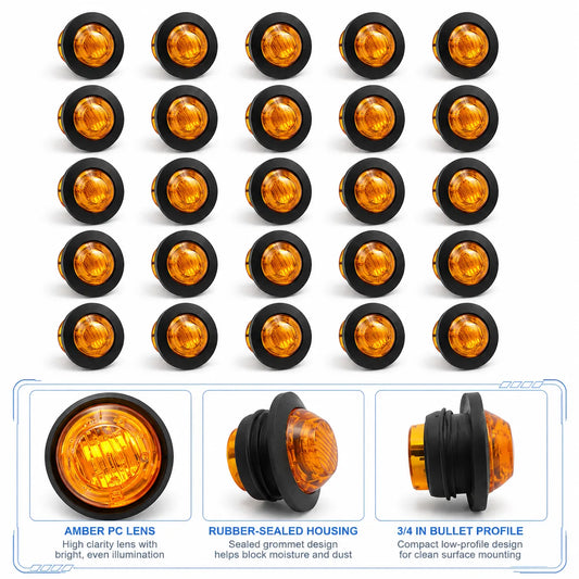 20X Amber 3/4"Round LED Bullet Clearance Side Marker Lights For Truck Trailer RV