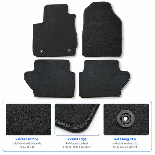 4PCS Front & Rear Floor Mats for 2011-2019 Ford Fiesta Premium Black Velour Carpet
