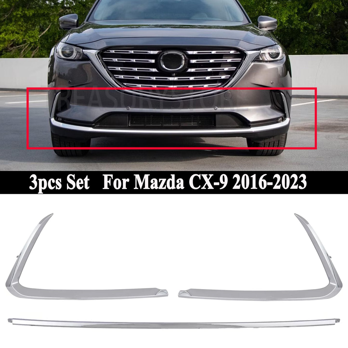 For 2016-2023 Mazda CX-9 3X Front Left+Right+Center Bumper Face Bar Trim Molding