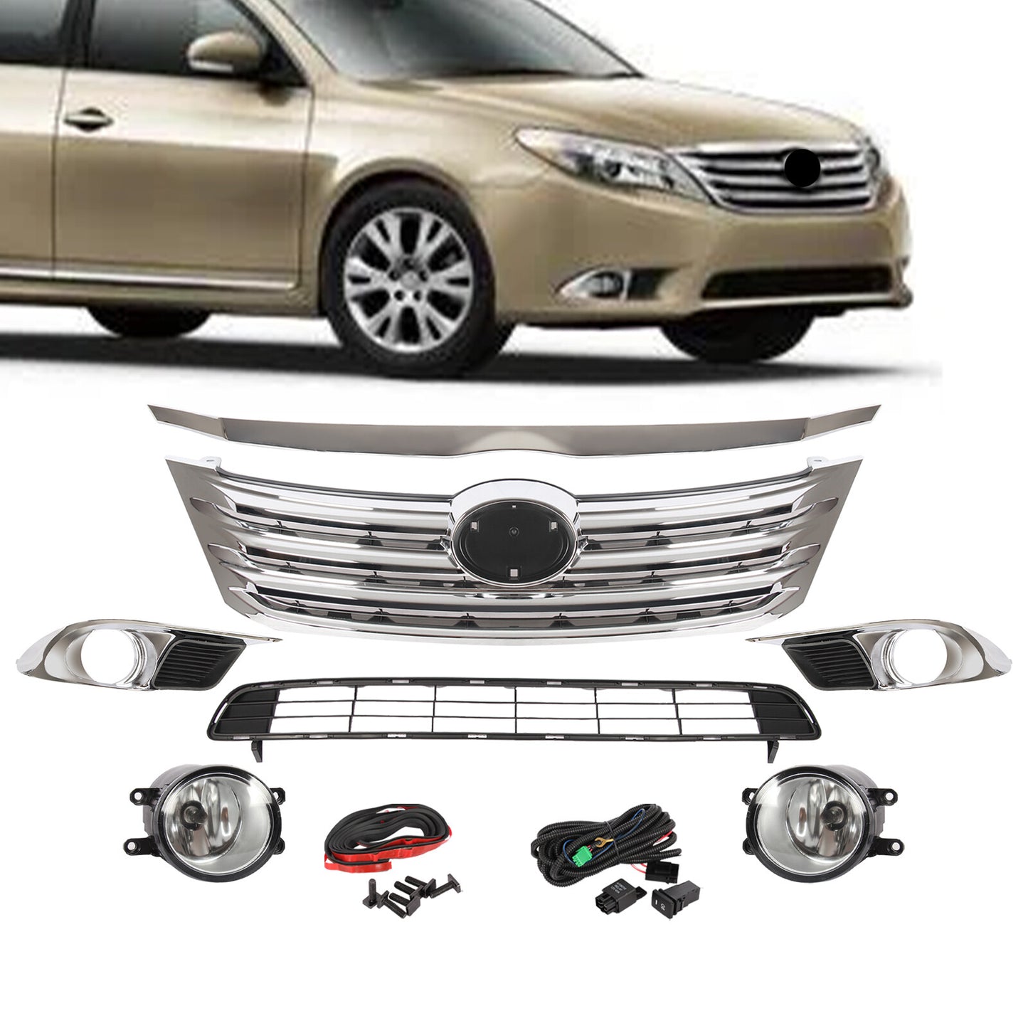 For 2011-2012 Toyota Avalon Front Upper Lower Grille With Fog Lamps+Covers Set