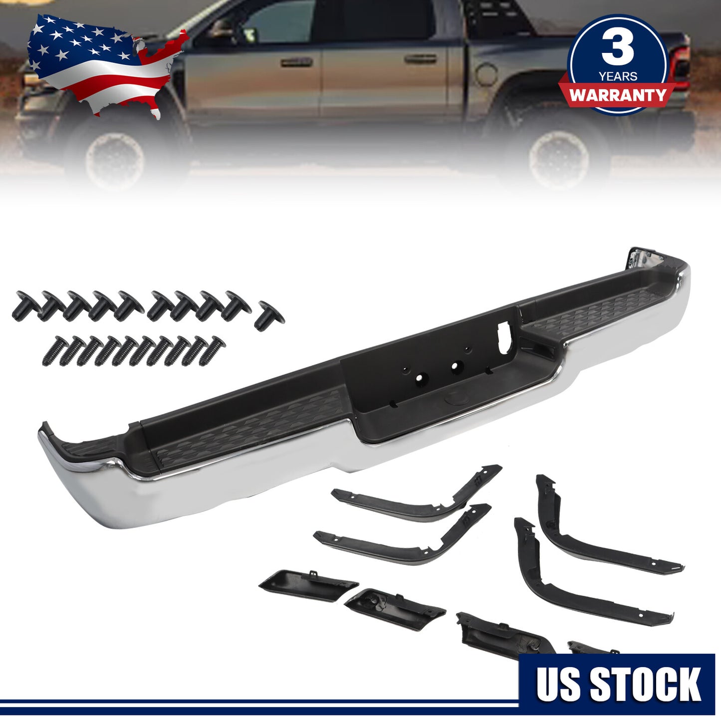 Complete Chrome Rear Bumper Assembly Fit For 2019-2024 RAM 1500