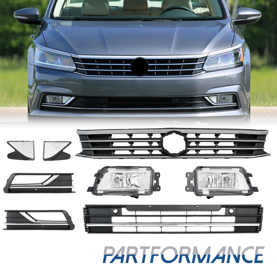 Fit VW Passat 2016-2019 W/Reflector Fog Light Upper Lower Front Bumper Grille