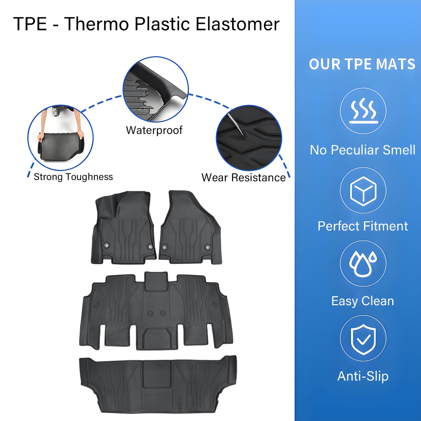 3 Rows TPE Floor Mats Liners Waterproof For 2017-2025 Chrysler Pacifica Black