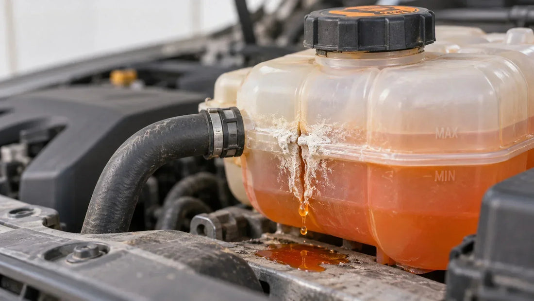 Close-up of a coolant expansion tank leak