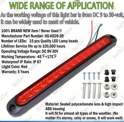 Red 2X 10" LED Truck Trailer Strip 3rd Brake Lights Rear Turn Tail Light Bar USA