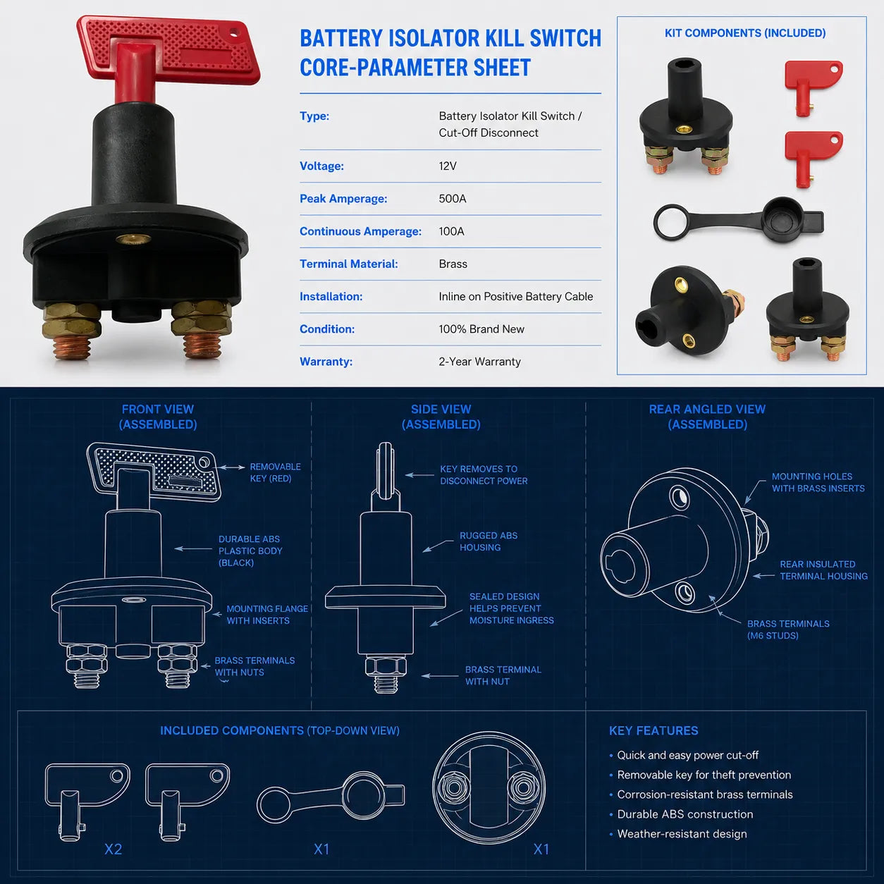 12V Battery Isolator Kill Switch Power Disconnect Cut Off for Automotive Marine Car