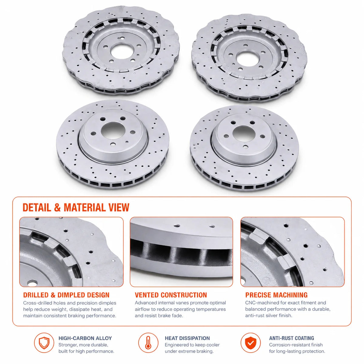 2 Pairs Front & Rear Vented Drilled Dimpled Disc Brake Rotors For 2014–2018 Audi RS7