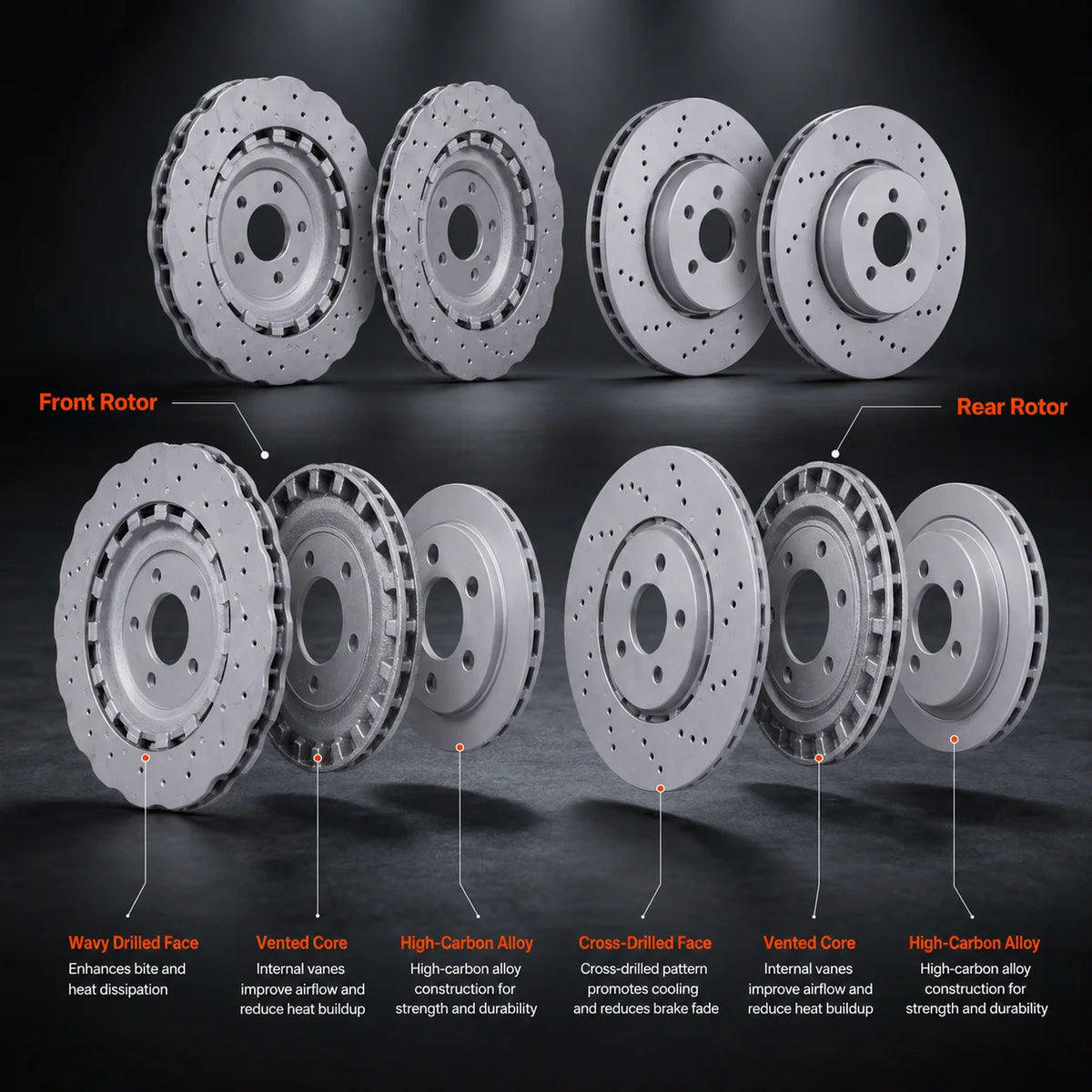 2 Pairs Front & Rear Vented Drilled Dimpled Disc Brake Rotors For 2014–2018 Audi RS7