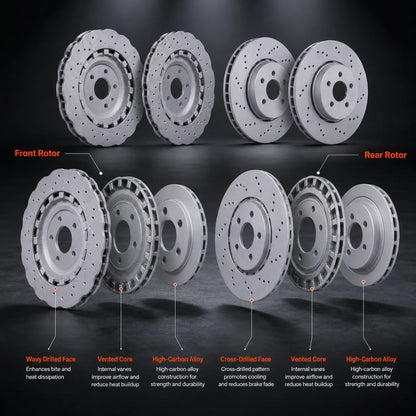 2 Pairs Front & Rear Vented Drilled Dimpled Disc Brake Rotors For 2014–2018 Audi RS7