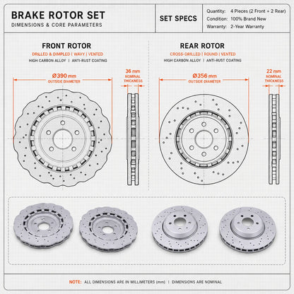 2 Pairs Front & Rear Vented Drilled Dimpled Disc Brake Rotors For 2014–2018 Audi RS7