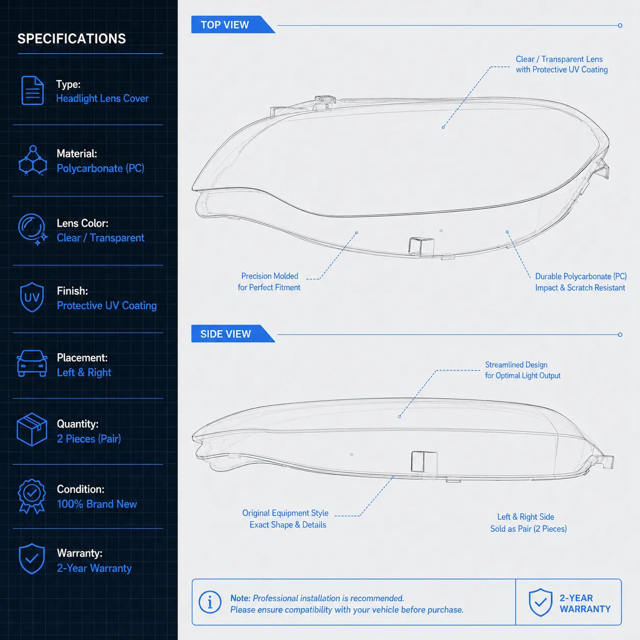 Pairs For 2 Series BMW F22 F23 Coupe 2014-2021 Car Headlight Lens Cover