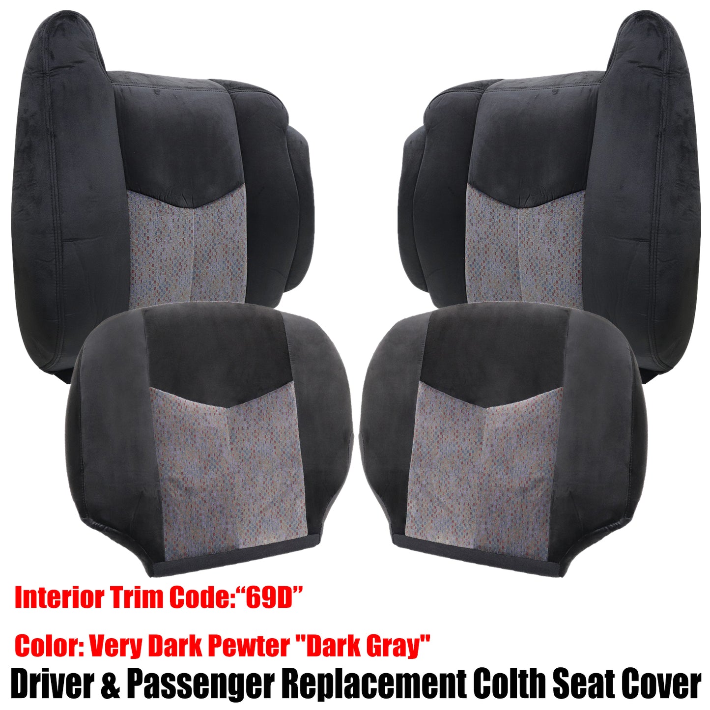 For 2003-2006 Chevy Silverado GMC Sierra 1500 2500 3500 Front Driver & Passenger Bottom & Top Cloth Seat Cover Dark Gray