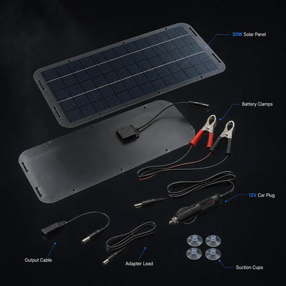 30W 12V Solar Panel Battery Charger Kit & Trickle Maintainer for Car RV Boat