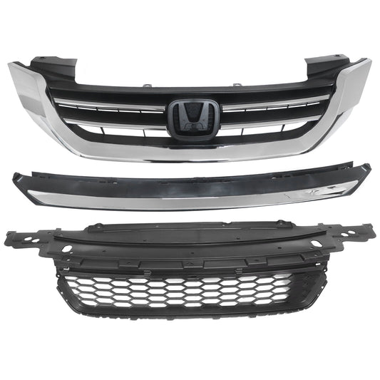 New Fit 2013-2015 Honda Accord Front Upper Lower Grille W/Chrome Trim