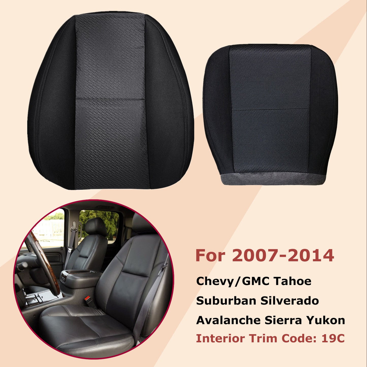 For 2007-2014 Chevy Silverado GMC Sierra Front Driver & Passenger Bottom & Top Cloth Seat Cover Black