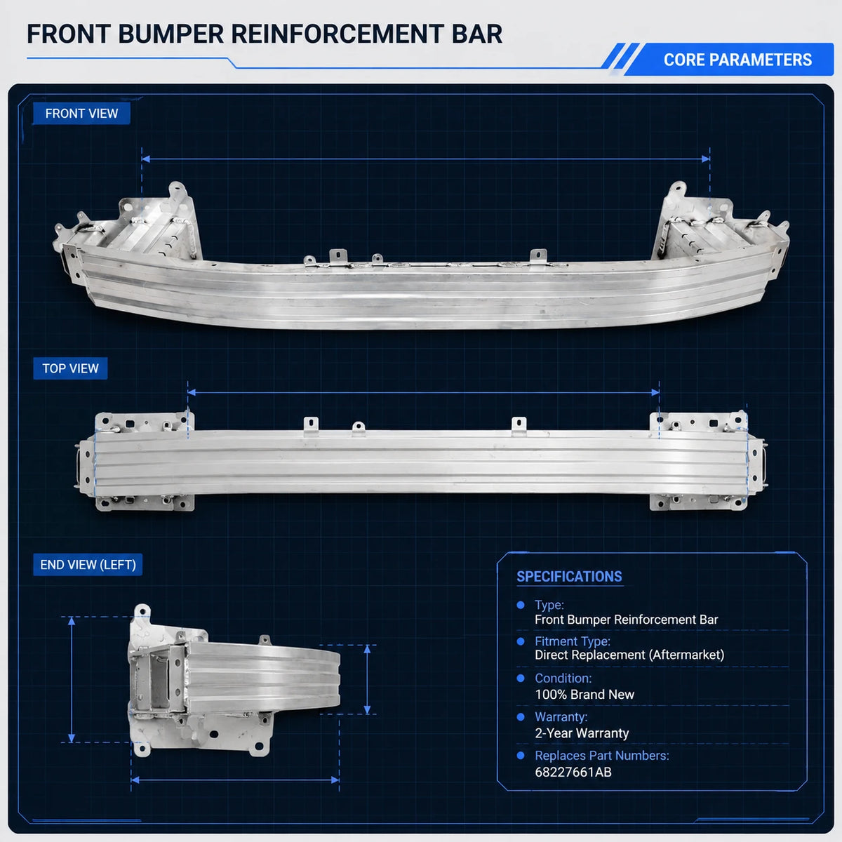 Front Bumper Reinforcement 68227661AB Fits Chrysler Pacifica 2017-2025 Aluminum