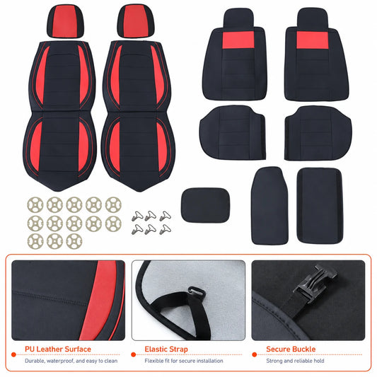 Black & Red PU Leather Seat Protector For 5-Seats Car