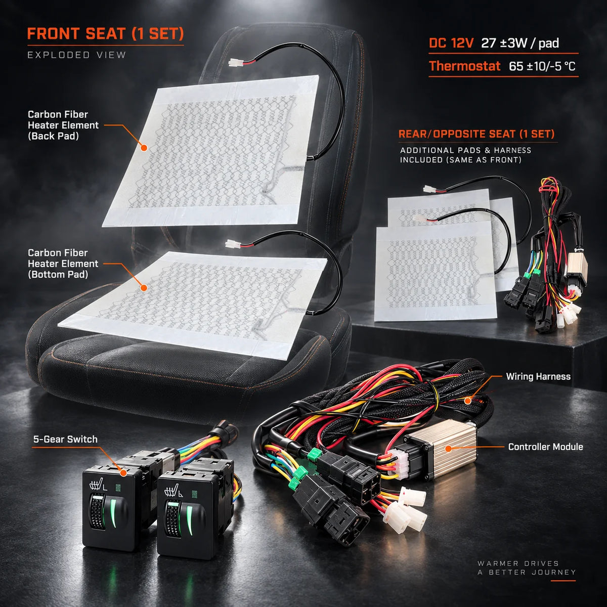 Carbon Car Seat Heater Kit with Square Switch 12V Universal For Trucks SUV