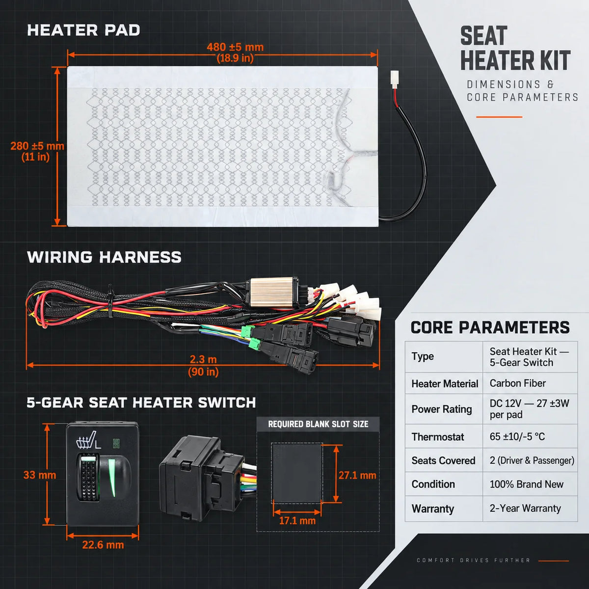 Carbon Car Seat Heater Kit with Square Switch 12V Universal For Trucks SUV