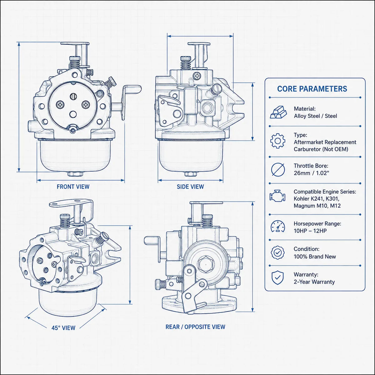 Carburetor For Kohler K241 K301 M10 Engines, Replaces 47-053-13, 47-853-22-S
