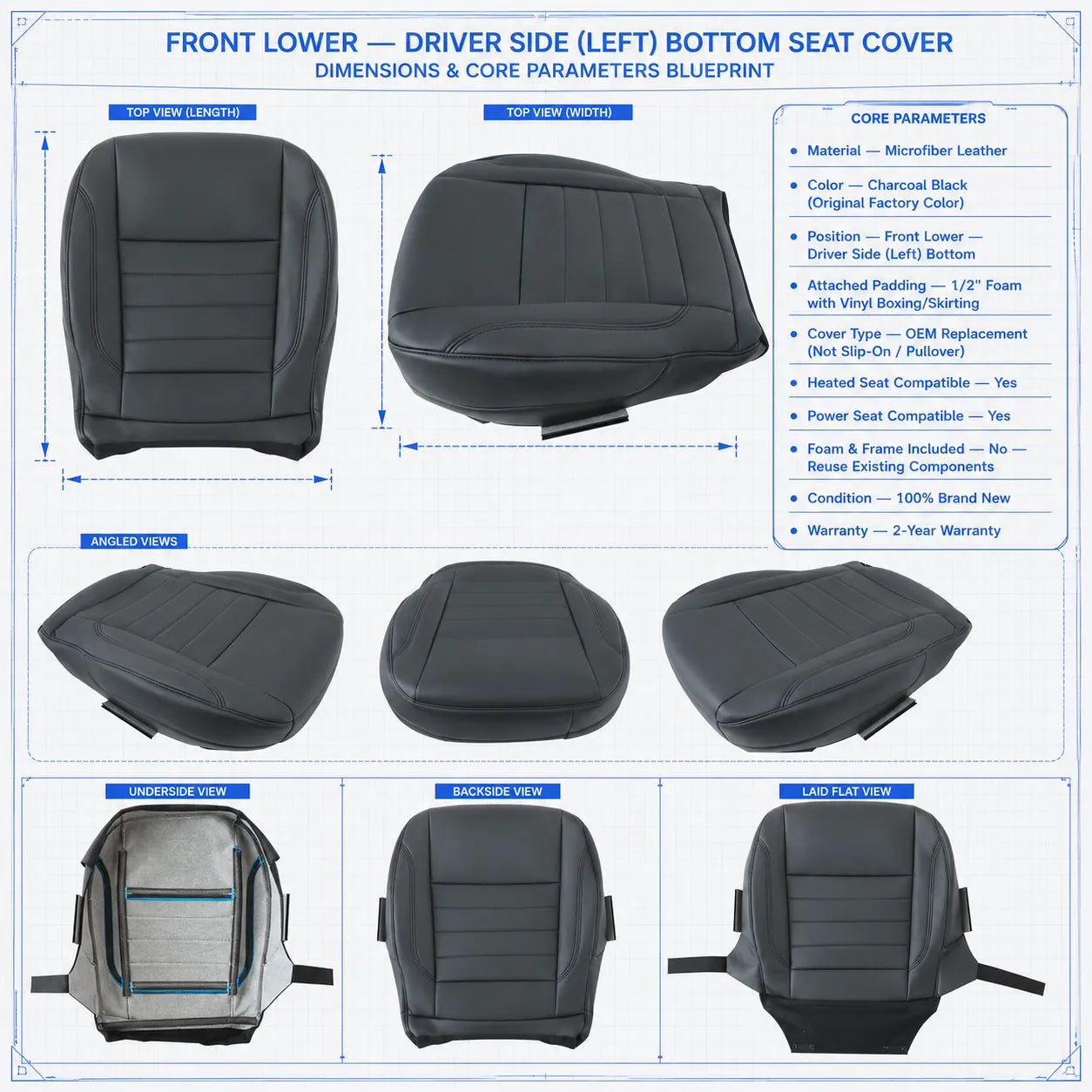 Charcoal Black Leather Driver Bottom Replacement Seat Cover for 2013-2016 Ford Escape