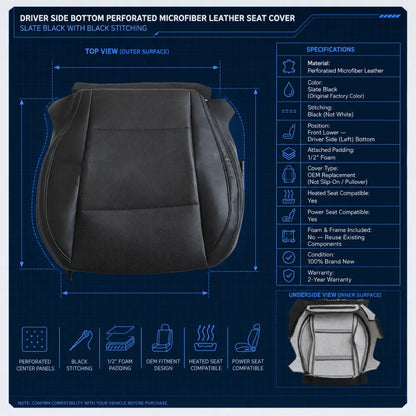 Driver Bottom Perforated Leather Seat Cover Black For 2015-2019 Subaru Outback