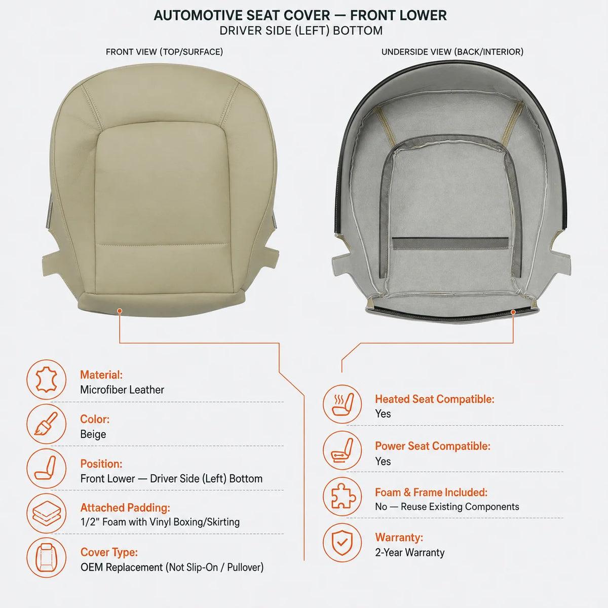 Driver Bottom Replacement Leather Seat Cover Beige For 1998-2010 Volkswagen Beetle