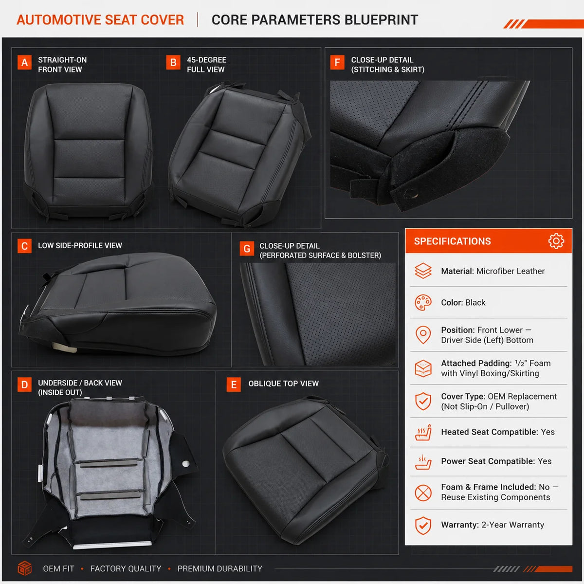 Driver Bottom Replacement Perforated Seat Cover Black For 2013-2017 Honda Accord