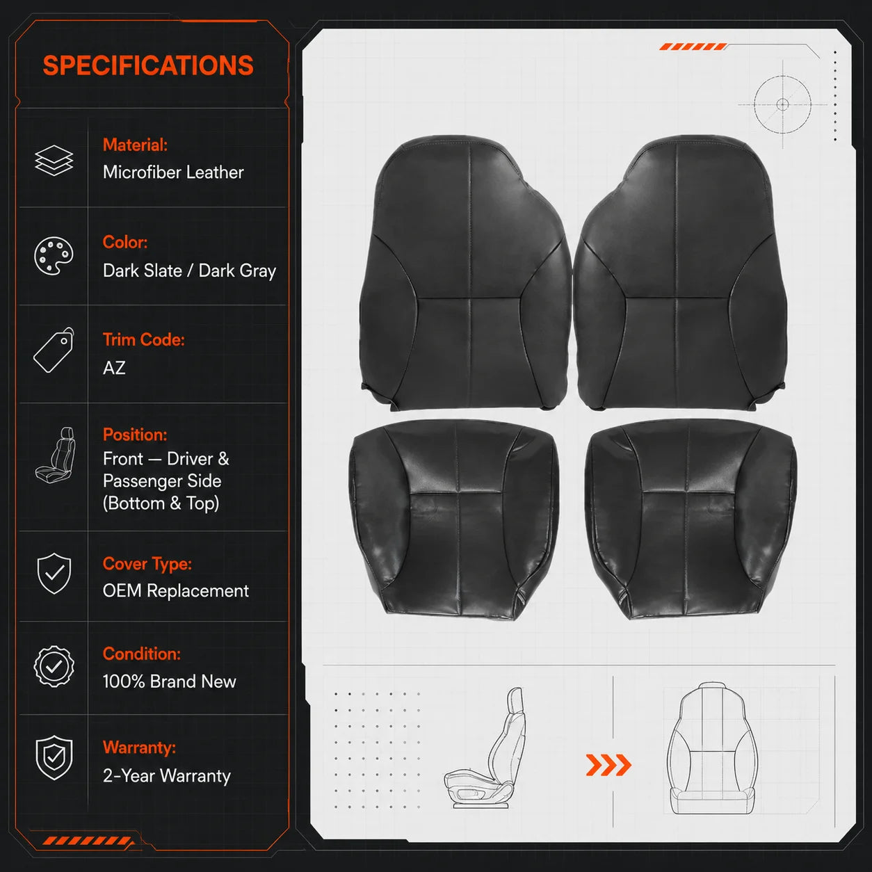 Driver & Passenger Bottom & Top Leather Seat Cover Dark Gray For 1998-2002 Dodge Ram