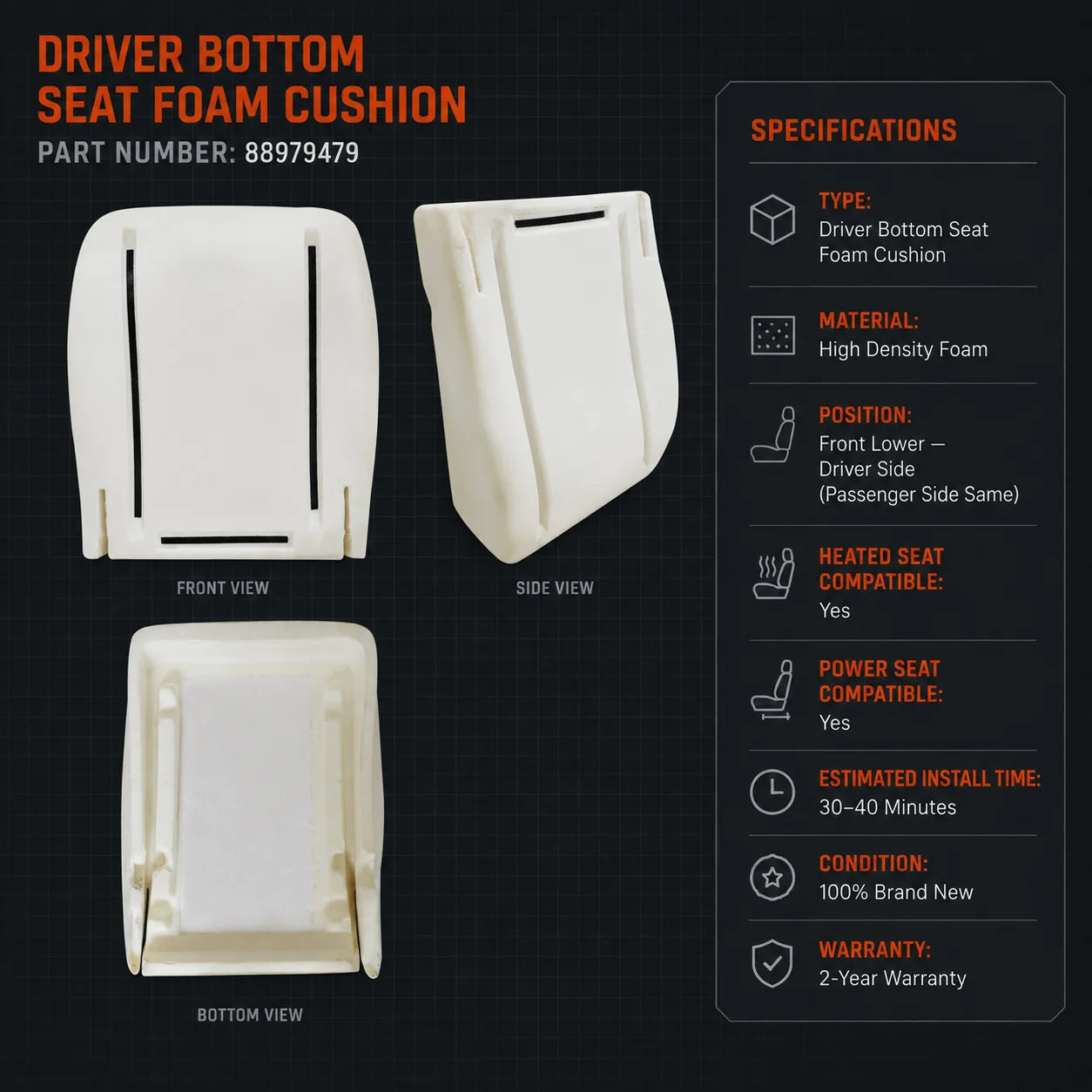 Driver or Passenger Bottom Foam Cushion For 2003-2014 GMC Savana Chevy Express Van