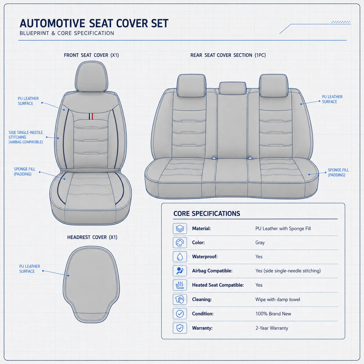 Faux Leather Car Seat Cover Front and Rear Full Set Cushion Pad for Mazda 3