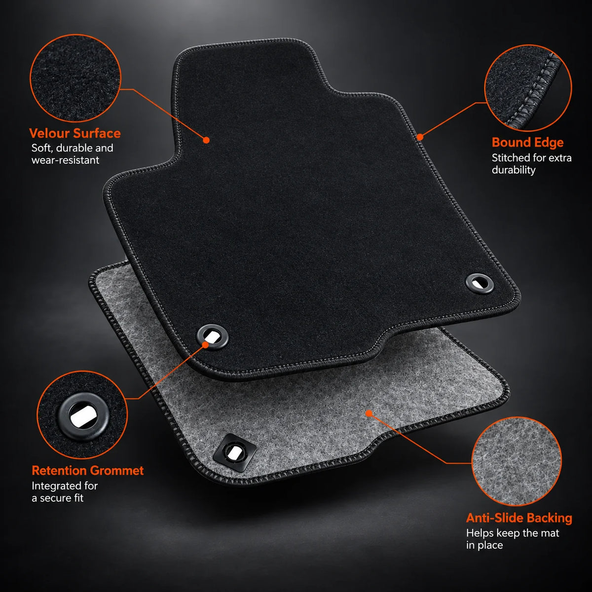 Floor Mats Carpet Velour Front & Rear Anti-Slip For 2023-2025 Honda HR-V