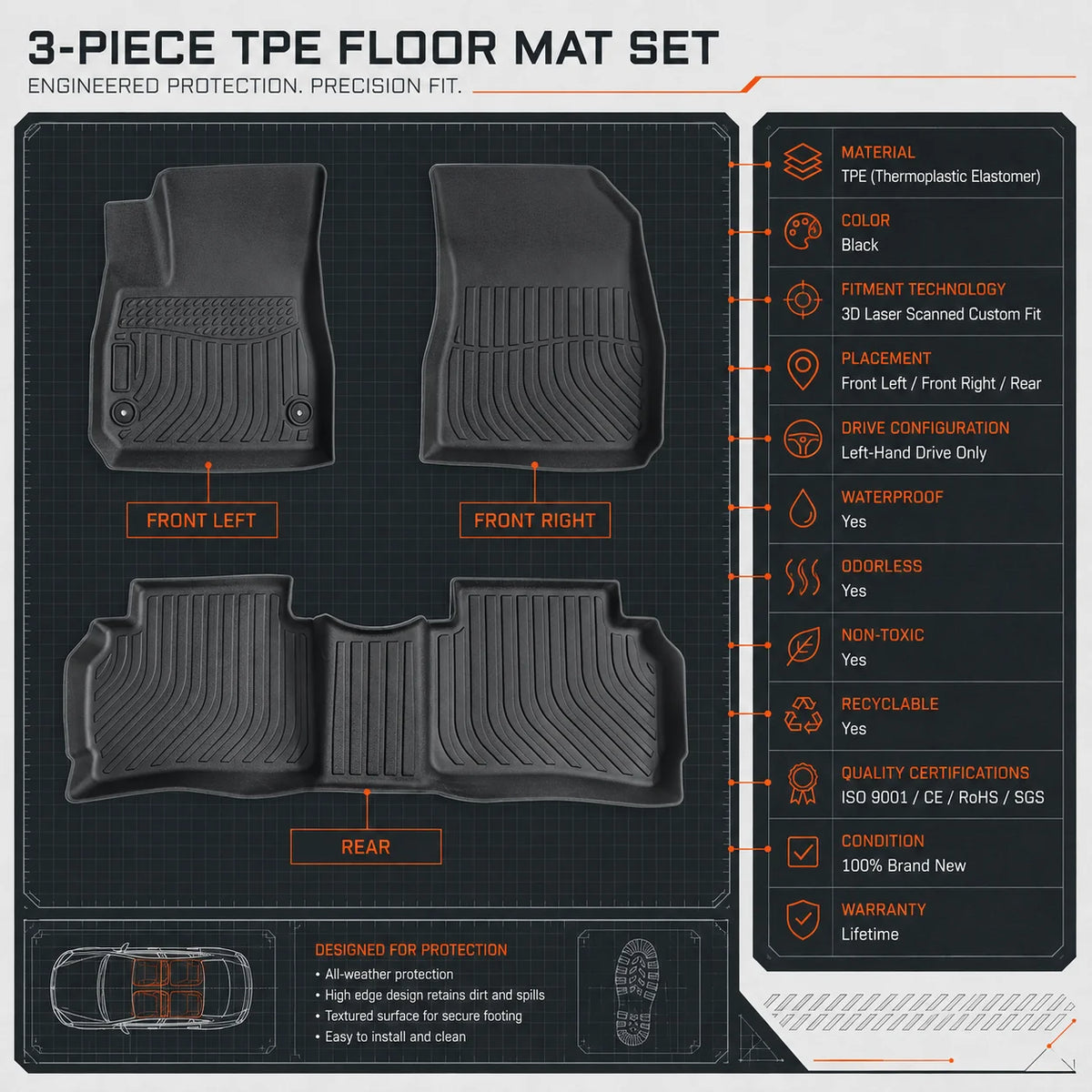 Floor Mats Liners Front & Rear 3D All-Weather TPE For 2016-2025 Chevrolet Malibu