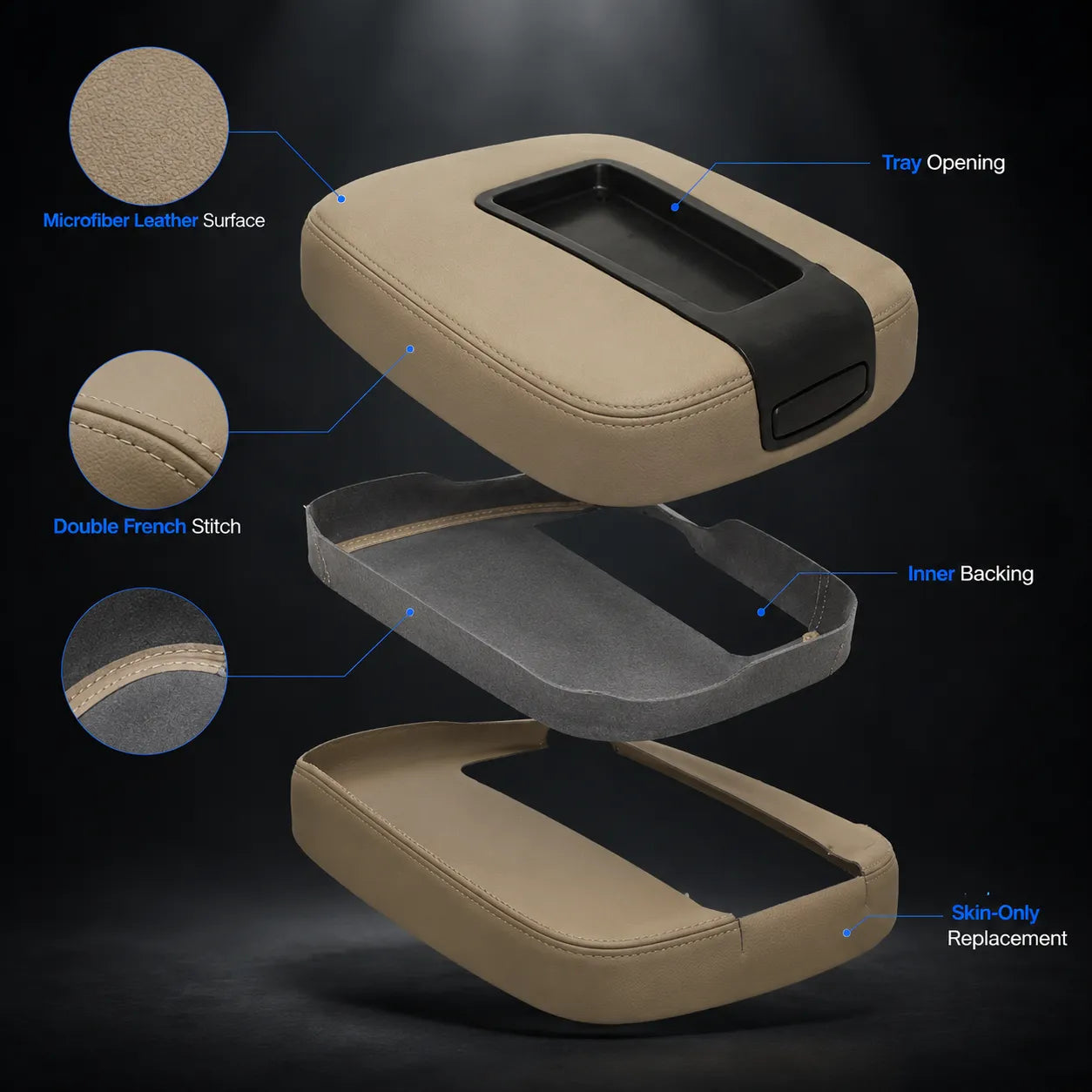 For 07-14 Chevy Tahoe Suburban Silverado Console Leather Armrest Cover Tan