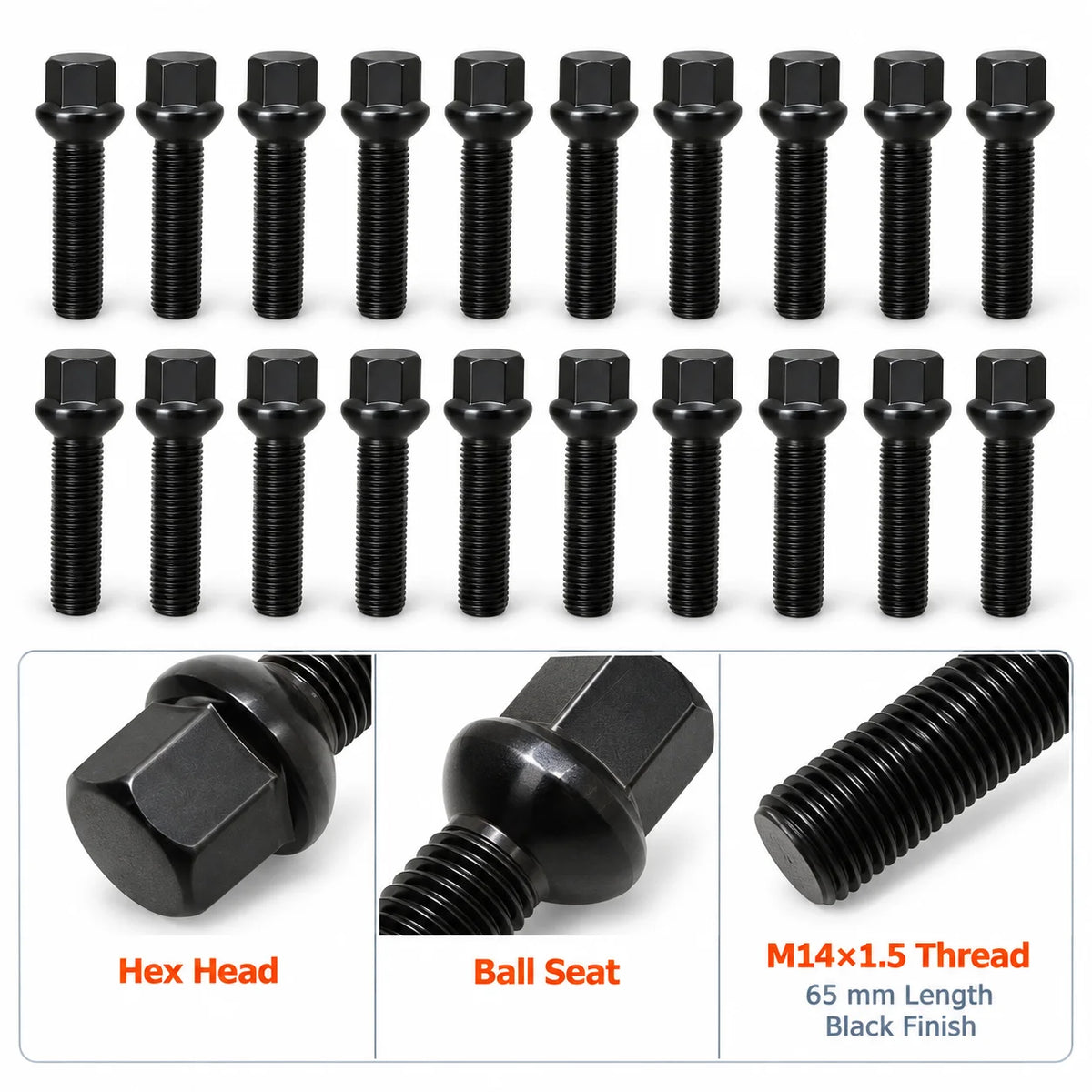 For 1994-2023 Mercedes-Benz Spacers 20 PCS M14X1.5 Black 65 mm Extended bolts