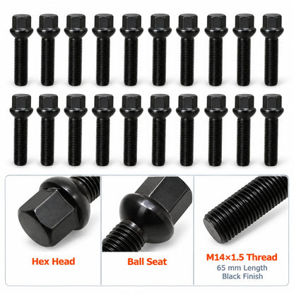For 1994-2023 Mercedes-Benz Spacers 20 PCS M14X1.5 Black 65 mm Extended bolts