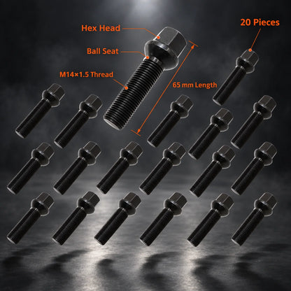 For 1994-2023 Mercedes-Benz Spacers 20 PCS M14X1.5 Black 65 mm Extended bolts