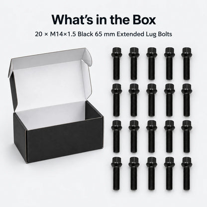 For 1994-2023 Mercedes-Benz Spacers 20 PCS M14X1.5 Black 65 mm Extended bolts