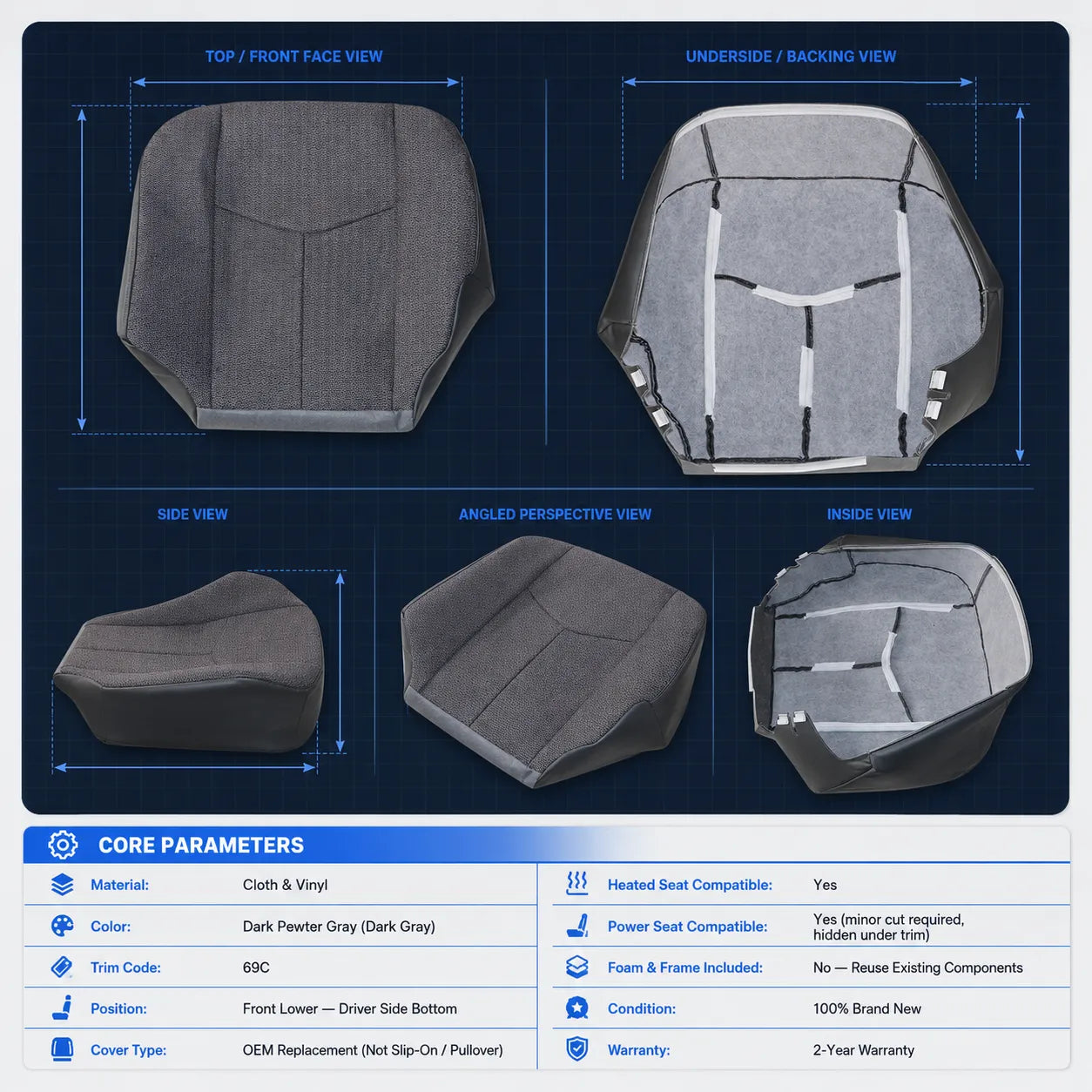 For 2003-2007 Chevy Silverado 1500 2500 HD Driver Bottom Cloth Seat Cover Gray