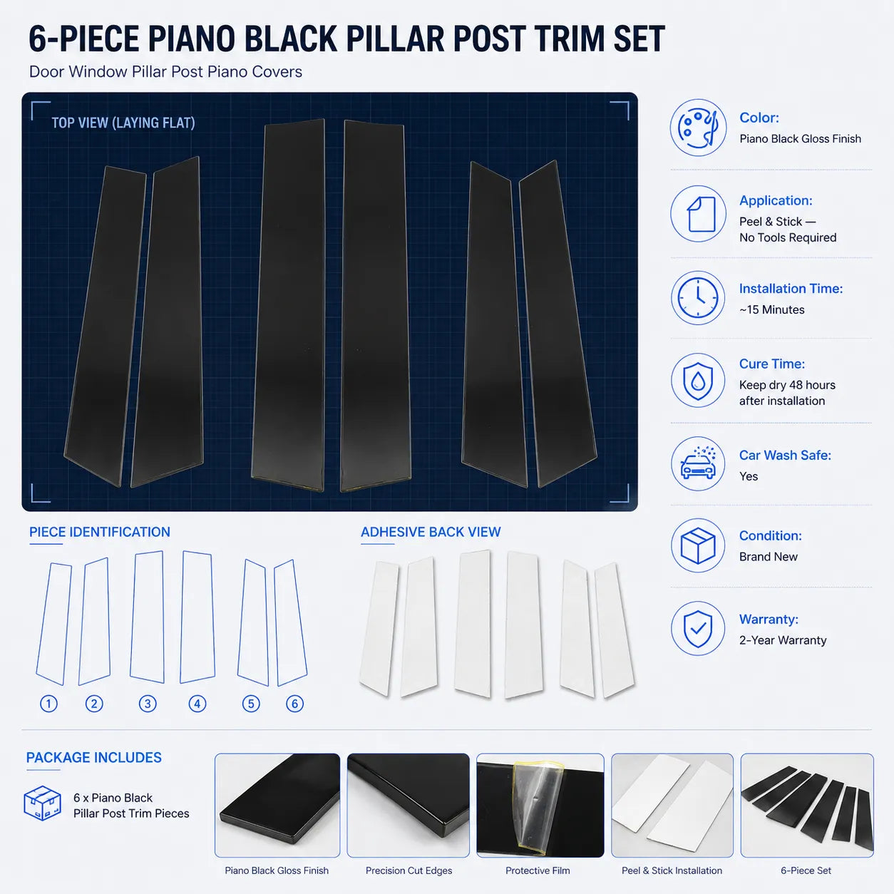 For 2007-2011 Honda CRV 6pc Black Window Pillar Posts Door Trim Piano Cover