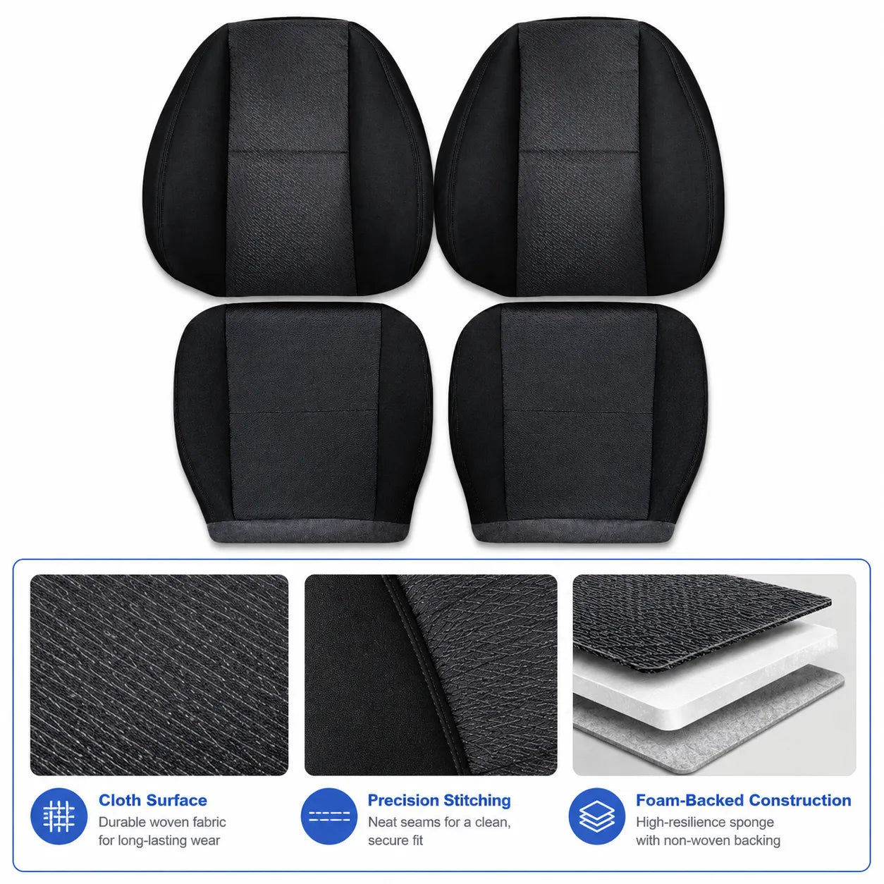 For 2007-2014 Chevy Silverado GMC Sierra Front Driver & Passenger Bottom & Top Cloth Seat Cover Black