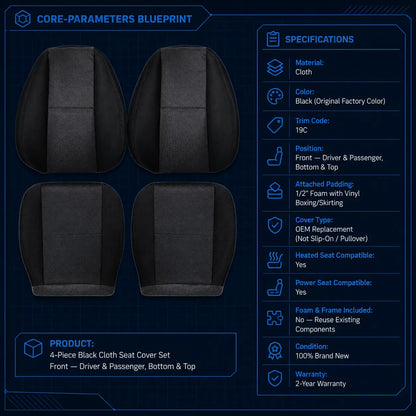 For 2007-2014 Chevy Silverado GMC Sierra Front Driver & Passenger Bottom & Top Cloth Seat Cover Black