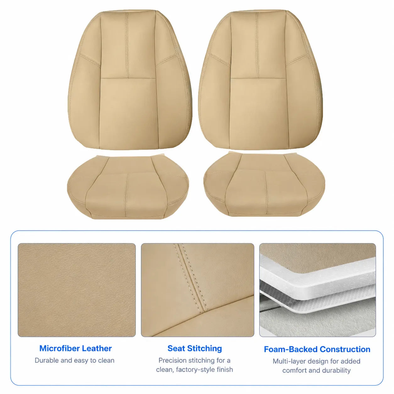 For 2007-2014 Chevy Silverado GMC Sierra Front Driver & Passenger Bottom & Top Leather Seat Cover Tan