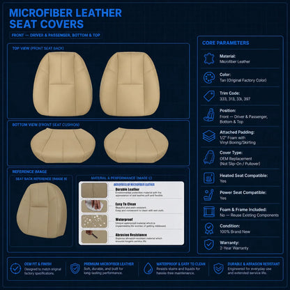 For 2007-2014 Chevy Silverado GMC Sierra Front Driver & Passenger Bottom & Top Leather Seat Cover Tan