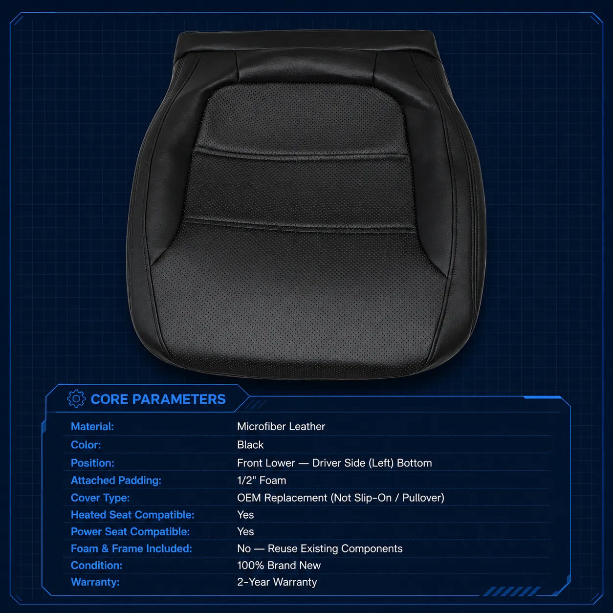 For 2011-2017 Volkswagen Jetta Driver Bottom Leather Seat Cover Black