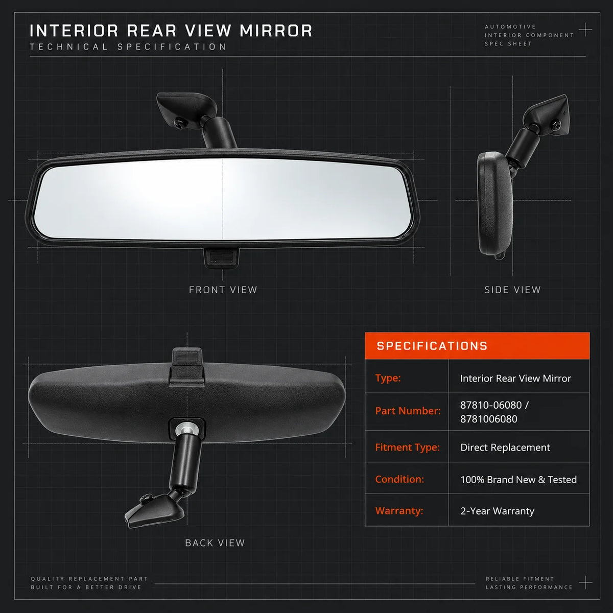 For 2012-2017 Toyota Tacoma Tundra Sienna Sequoia Interior Rearview Mirror Black