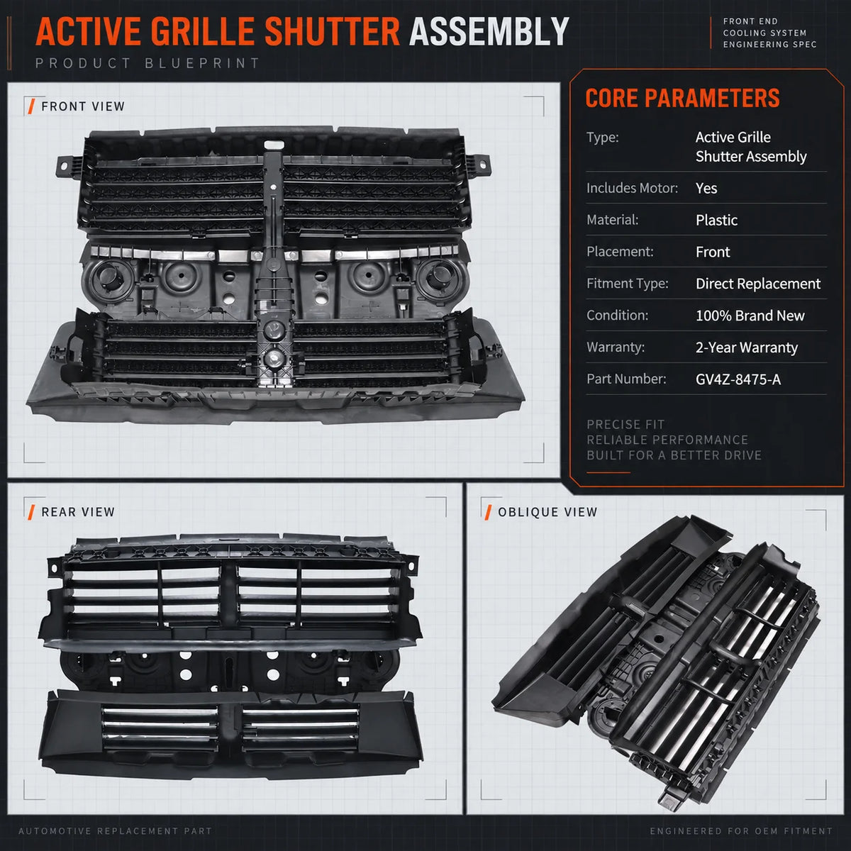 For 2017-2019 Ford Escape Front Radiator Shutter Assembly With Motor GV4Z-8475-A GV4Z8475A